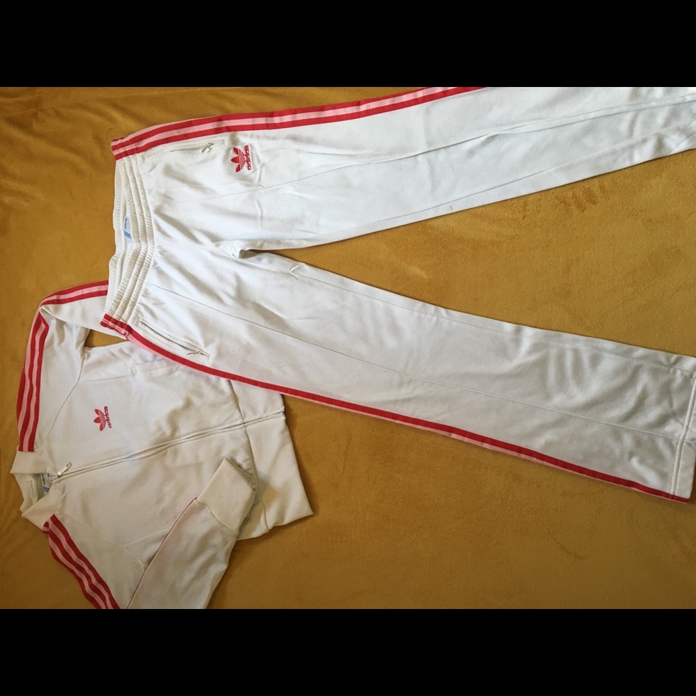 Adidas white sweatsuit size S, pink and red stripe